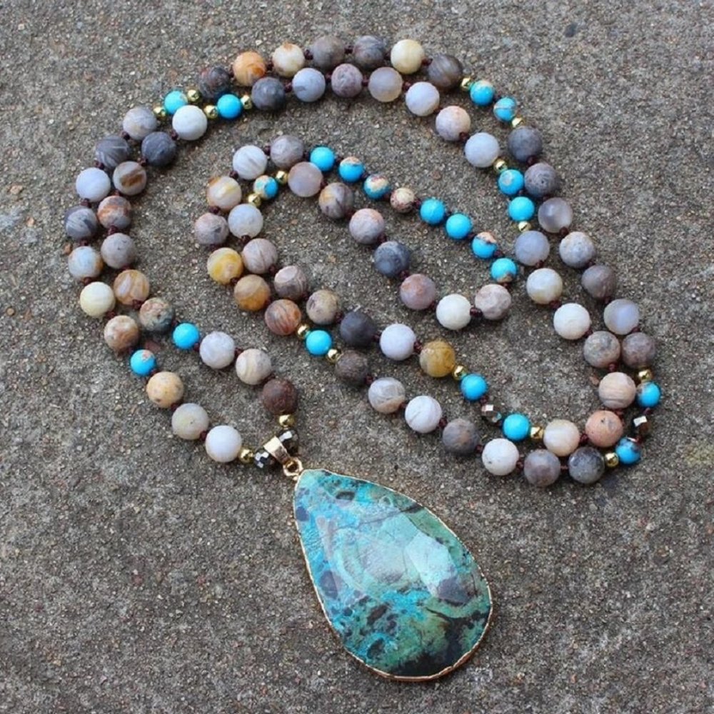 Natural Sea Sediment Jasper Amazonite Stone Pendant Knotted Necklace